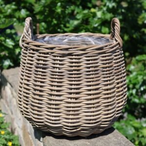 Lined Rattan Planter Basket with Handles - Bulbous Shaped