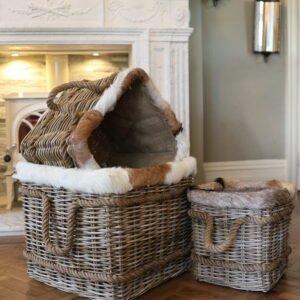 Luxury Grey Rattan Log Basket with Goat Hide Trim & Rope Handles - Square