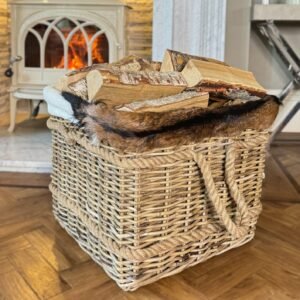 Luxury Grey Rattan Log Basket with Goat Hide Trim & Rope Handles - Square