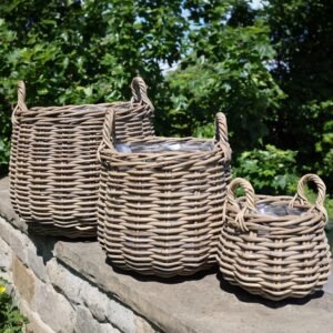 Lined Rattan Planter Basket with Handles - Bulbous Shaped